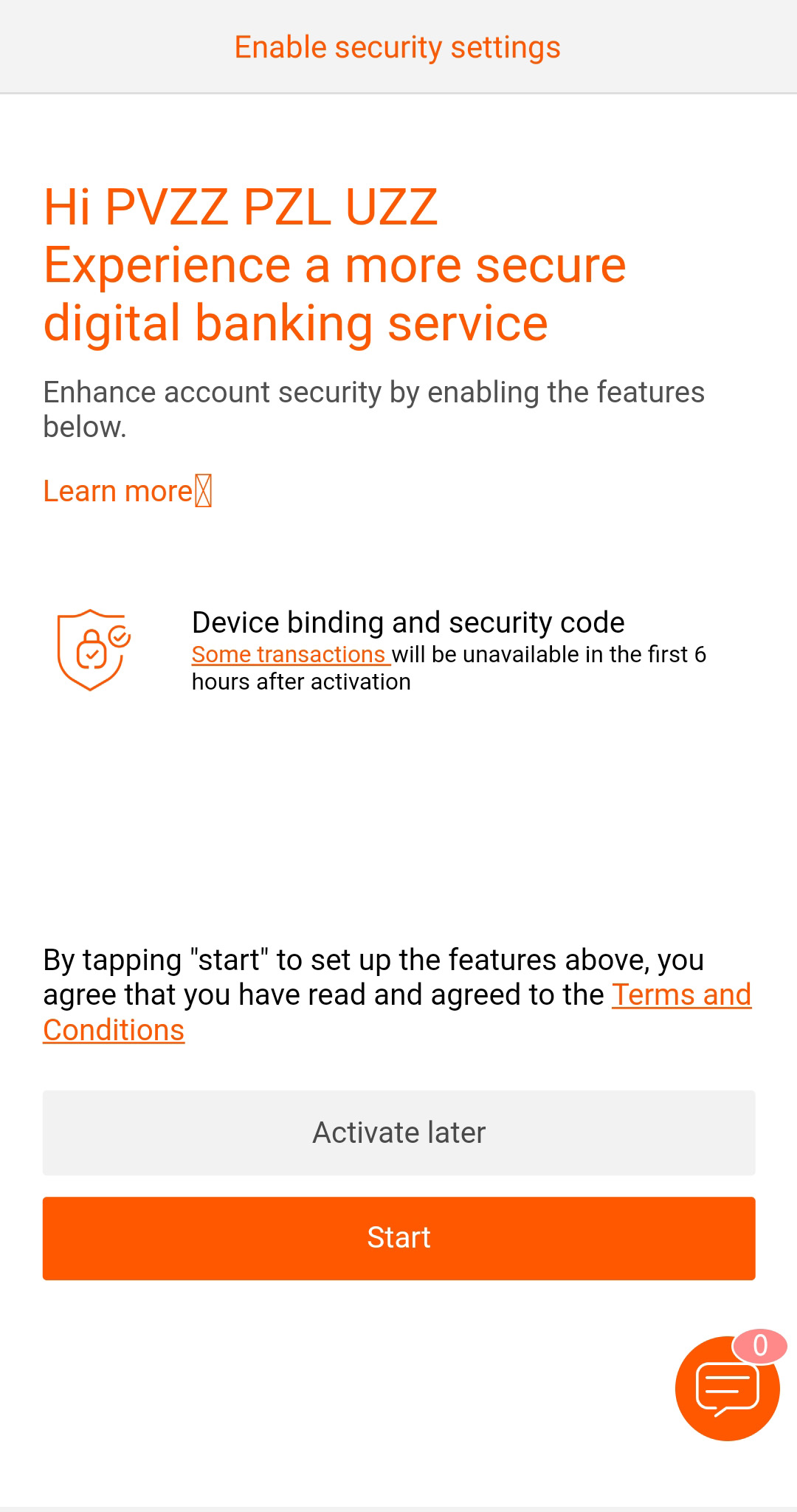 How to activate Device Binding and Security Code? Step four