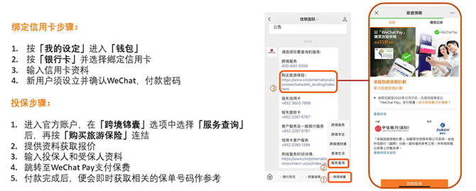 绑定信用卡步骤：
           1. 按「我的设定”进入「钱包」
           2. 按「银行卡」并选择绑定信用卡
           3. 输入信用卡资料
           4. 信用户须设立并确认WeChat付款密码
           投保步骤：
           1.进入官方账号，在「账户服务」选项选择「购买旅游保险」
           2. 提供资料获取报价
           3. 输入投保人和受保人资料
           4. 跳转至WeChat Pay支付保费
           5. 付款完成后，便会即时获取相关的保单号码作参考