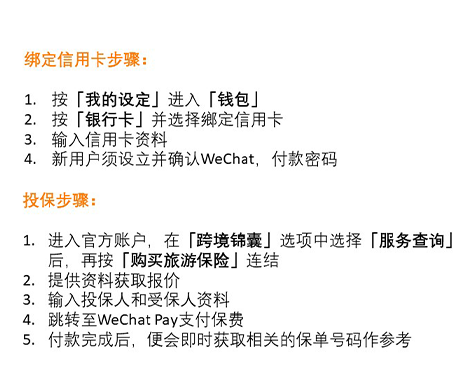 绑定信用卡步骤：
           1. 按「我的设定”进入「钱包」
           2. 按「银行卡」并选择绑定信用卡
           3. 输入信用卡资料
           4. 信用户须设立并确认WeChat付款密码
           投保步骤：
           1.进入官方账号，在「账户服务」选项选择「购买旅游保险」
           2. 提供资料获取报价
           3. 输入投保人和受保人资料
           4. 跳转至WeChat Pay支付保费
           5. 付款完成后，便会即时获取相关的保单号码作参考